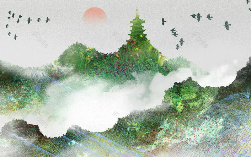 中国风绿色唯美手绘风景山水插画背景设计,插画/手绘图,插画/手绘图库,插画/手绘图下载,插画/手绘